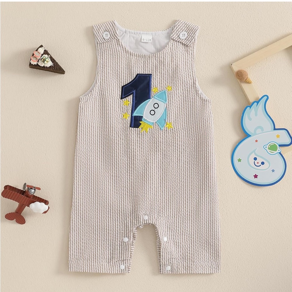 Space theme romper and high chair garland for first birthday